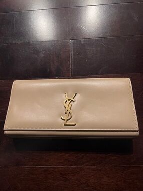 Saint Laurent Beige Leather YSL Logo Clutch